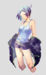  1girl bare_shoulders blue_eyes bright_pupils cigarette copyright_request cropped_legs grey_background hair_ornament hairpin looking_at_viewer mouth_hold off_shoulder purple_hair purple_shorts shirt shorts simple_background solo white_shirt yamakawa 