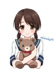  1girl bangs blue_sailor_collar brown_eyes brown_hair hoshino_kagari kantai_collection low_twintails parted_bangs sailor_collar school_uniform serafuku shirayuki_(kantai_collection) short_twintails simple_background solo stuffed_animal stuffed_toy teddy_bear twintails twitter_username upper_body white_background 