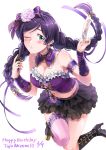  1girl black_skirt braid breasts character_name commentary_request dated fan flower folding_fan green_eyes hair_flower hair_ornament happy_birthday highres large_breasts long_hair love_live! love_live!_school_idol_festival love_live!_school_idol_project namiko817 navel purple_hair purple_ribbon ribbon simple_background skirt solo toujou_nozomi twin_braids twintails white_background 