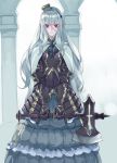  1girl armor armored_dress axe copyright_request crown dress fakepucco frilled_dress frills frown gauntlets hair_between_eyes holding holding_weapon long_hair looking_at_viewer pillar pointy_ears silver_hair solo star star-shaped_pupils symbol-shaped_pupils very_long_hair violet_eyes weapon 