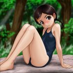  1girl 3: arm_support bangs bare_arms bare_legs bare_shoulders barefoot black_swimsuit blurry blurry_background blush braid breasts brown_eyes brown_hair closed_mouth collarbone commentary_request day depth_of_field forehead forest hair_ornament hair_tie hairclip head_tilt looking_at_viewer low_twintails nature nose_blush one-piece_swimsuit original outdoors parted_bangs rohitsuka school_swimsuit sitting small_breasts solo sweat swimsuit tree twin_braids twintails 