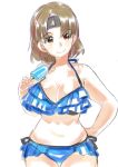  1girl bare_shoulders bikini blue_bikini breasts brown_eyes brown_hair chiyoda_(kantai_collection) cleavage cowboy_shot food frilled_bikini frills hand_on_hip headband holding holding_food ice_cream kantai_collection large_breasts midriff navel sagamiso short_hair simple_background smile solo swimsuit white_background 