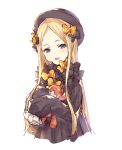  1girl :d abigail_williams_(fate/grand_order) bangs black_bow black_dress black_hat blonde_hair blue_eyes bow dress fate/grand_order fate_(series) frilled_sleeves frills hair_bow hat holding holding_stuffed_animal long_hair long_sleeves looking_at_viewer mirei_kh13 open_mouth orange_bow parted_bangs simple_background sleeves_past_fingers smile solo straight_hair stuffed_animal stuffed_toy teddy_bear upper_body very_long_hair white_background 