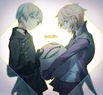  2boys :d belt black_choker black_gloves black_jacket black_pants blonde_hair blue_eyes blue_hair bright_pupils character_request choker closed_mouth copyright_request emil_(nier) from_side gloves jacket long_sleeves looking_at_viewer looking_to_the_side multiple_boys nier_(series) nier_automata open_mouth pants parted_lips profile purple_jacket red_eyes shirt smile white_shirt yamakawa yorha_no._9_type_s 