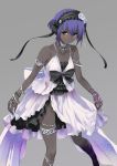  1girl bare_shoulders bracelet cosplay dark_skin dress euryale euryale_(cosplay) fate/hollow_ataraxia fate/prototype fate/prototype:_fragments_of_blue_and_silver fate_(series) flat_chest flying_sweatdrops grey_background hairband hassan_of_serenity_(fate) ifuji_shinsen jewelry lolita_hairband necklace purple_hair short_hair simple_background sleeveless sleeveless_dress solo white_dress 