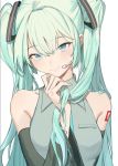  1girl aqua_eyes aqua_hair bare_shoulders breasts detached_sleeves elbow_sleeve freng green_hair hand_on_own_chin hands_in_hair hatsune_miku long_hair looking_at_viewer medium_breasts microphone necktie sleeveless smile solo tattoo twintails very_long_hair vocaloid 