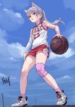  1girl animal_ears artist_name bare_legs basketball breasts cat_ears chain-link_fence chinese_commentary clothes_writing commentary_request detached_sleeves fence fkey from_below full_body highres long_hair looking_at_viewer original pink_legwear ponytail red_eyes red_shorts shoes shorts signature silver_hair sleeveless small_breasts sneakers socks solo standing sweat white_footwear wristband 