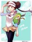  1girl :o adjusting_clothes adjusting_hat arm_at_side black_legwear blue_eyes breasts brown_hair double_bun gen_5_pokemon hat highres long_hair medium_breasts mei_(pokemon) pantyhose pantyhose_under_shorts pokemon pokemon_(creature) pokemon_(game) pokemon_bw2 raglan_sleeves ririmon shirt shorts sleeves_past_elbows snivy solo standing twintails twitter_username visor_cap white_shirt yellow_shorts 