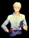  1boy belt black_background black_gloves black_sclera blonde_hair blue_pants collared_shirt copyright_request earrings gloves hand_on_hip jewelry looking_at_viewer male_focus pants parted_lips popped_collar shirt simple_background smile solo white_shirt wing_collar yamakawa yellow_eyes 