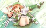  1girl aloe_(flower_knight_girl) ass blush breasts brown_hair flower_knight_girl green_eyes hat looking_at_viewer mizunashi_(second_run) one_eye_closed outstretched_arm panties short_hair sword thigh-highs underwear weapon 