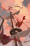  1boy absurdres awanqi bird blue_sky boat brown_hair clouds flock highres looking_up male_focus mast original outdoors rigging seagull ship sitting sky string_of_flags watercraft watermark 