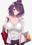  1girl bag bangs breasts cleavage collarbone eyebrows_visible_through_hair fate/grand_order fate_(series) flower hair_between_eyes hair_bun hair_flower hair_ornament highres hood hoodie jacket katsushika_hokusai_(fate/grand_order) large_breasts looking_at_viewer open_clothes open_jacket purple_hair sankakusui shirt shoulder_bag simple_background smile solo violet_eyes white_background white_jacket white_shirt 