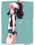  1girl :d bare_shoulders baseball_cap black_vest blue_eyes blue_shorts brown_hair character_name cowboy_shot cropped_legs cutoffs hat highres holding holding_poke_ball long_sleeves open_clothes open_mouth open_vest poke_ball poke_ball_(generic) pokemon pokemon_(game) pokemon_bw ponytail ririmon shirt short_shorts shorts sidelocks smile solo star teeth touko_(pokemon) twitter_username vest white_hat white_shirt wristband 