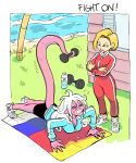  2girls android_18 android_21 beach beach_towel bike_shorts blonde_hair blue_eyes bottle clenched_teeth closed_eyes crossed_arms dragon_ball dragon_ball_fighterz dragonball_z drnoodlemage dumbbell earrings exercise grass house jewelry looking_at_another majin_android_21 multiple_girls ocean open_mouth pink_skin prehensile_tail push-ups shoes short_hair shorts silver_hair sneakers sweat tail teeth towel track_suit water_bottle weightlifting 