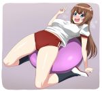  1girl :d arm_support blue_eyes blush breasts breath brown_hair buruma fujisaki_yua gym_shirt gym_uniform hairband kneehighs large_breasts long_hair looking_at_viewer midriff midriff_peek open_mouth red_buruma shiny shiny_skin shirt shoes short_sleeves smile solo spread_legs sweat tonbi uwabaki v virtual_youtuber yua_(youtube) 