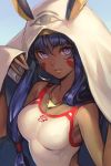  1girl animal_ears bangs bare_shoulders blanket blunt_bangs breasts cleavage collarbone dark_skin earrings facepaint facial_mark fate/grand_order fate_(series) hair_between_eyes hair_tubes hairband hankuri hoop_earrings jackal_ears jewelry long_hair looking_at_viewer medium_breasts necklace nitocris_(fate/grand_order) nitocris_(swimsuit_assassin)_(fate) one-piece_swimsuit purple_hair sidelocks simple_background smile solo swimsuit very_long_hair violet_eyes white_swimsuit 