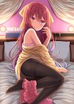  1girl absurdres bed bow bra brown_legwear curtains feet frilled_skirt frills gurande_(g-size) hair_bow highres huge_filesize kamikaze_(kantai_collection) kantai_collection long_hair looking_at_viewer lying no_shoes on_side panties panties_under_pantyhose pantyhose pillow pink_bra pink_panties redhead skirt skirt_around_one_leg solo sweater thighband_pantyhose tissue_box underwear violet_eyes yellow_bow 