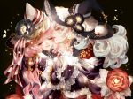  2girls big_hair black_background black_flower chino_machiko closed_eyes copyright_request flower hair_ornament hat long_hair multiple_girls parted_lips pink_hair puffy_short_sleeves puffy_sleeves red_flower short_sleeves simple_background smile white_hair 