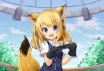  1girl :d animal_ears blonde_hair blue_eyes chaakusu clouds commentary_request food fox_ears fox_tail gloves hair_ribbon highres long_hair muffin open_mouth phantasy_star phantasy_star_online_2 ribbon shirt short_sleeves smile tail tree twintails vest white_shirt 
