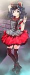  1girl \m/ arm_up babymetal bangs black_hair black_legwear black_nails boots bracelet brown_eyes buckle fingerless_gloves full_body gloves headset highres jewelry legs_crossed long_hair looking_at_viewer maruyama mizuno_yui nail_polish open_mouth red_skirt single_glove skirt solo thigh-highs twintails 