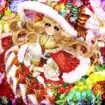  1girl blonde_hair bow capelet chino_machiko christmas_ornaments closed_mouth dress flower fur_trim gloves hat hat_bow holding long_hair looking_at_viewer original red_capelet red_dress red_eyes red_flower red_hat red_rose rose smile solo white_gloves 