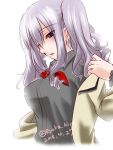  1girl 2018 blue_eyes breasts dated from_side grey_shirt jacket kantai_collection kashima_(kantai_collection) large_breasts looking_down military_jacket ryuka_hirg shirt sidelocks silver_hair simple_background solo twintails twitter_username undressing wavy_hair white_background white_jacket 