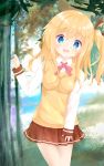  1girl :d bangs blonde_hair blue_eyes blurry blurry_background blush breasts brown_ribbon brown_skirt collared_shirt comic_girls day depth_of_field dress_shirt eyebrows_visible_through_hair forest hair_between_eyes hair_ribbon highres koizuka_koyume leaning_to_the_side long_hair long_sleeves looking_at_viewer medium_breasts nature one_side_up open_mouth outdoors pleated_skirt ribbon shiraki_shiori shirt skirt sleeves_past_wrists smile solo standing sweater_vest tree upper_teeth white_shirt 