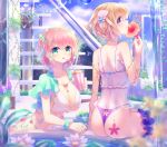  2girls babydoll bendy_straw bikini blonde_hair breasts choker cleavage day drink drinking_straw flower from_behind green_eyes hair_ornament highres jewelry large_breasts leg_garter looking_at_viewer looking_back multiple_girls necklace original sakakidani see-through short_hair sitting smile swimsuit swimsuit_under_clothes violet_eyes water 