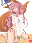  1girl animal_ears bangs beach_umbrella bikini bikini_under_clothes blue_bikini blush bracelet breasts collarbone eyebrows_visible_through_hair fang fate/extra fate/grand_order fate_(series) fox_ears fox_tail hair_between_eyes jewelry kneeling long_hair looking_at_viewer off_shoulder open_mouth parasol pink_hair shirt side-tie_bikini simple_background smile solo starfish swimsuit tail tamamo_(fate)_(all) tamamo_no_mae_(swimsuit_lancer)_(fate) umbrella wet wet_clothes wet_shirt wet_t-shirt white_background yellow_eyes yuuka_(a0240765) 