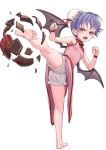  1girl alternate_costume bare_arms bare_legs bare_shoulders barefoot bat_wings bloomers blue_hair bun_cover china_dress chinese_clothes chinese_commentary clenched_hands commentary_request double_bun dress fangs fkey full_body hands_up highres jar kicking leg_up open_mouth pink_dress red_eyes remilia_scarlet simple_background solo standing standing_on_one_leg touhou underwear white_background white_bloomers wings wristband 