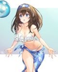  1girl artist_name ball bangs bare_shoulders beachball bikini blue_eyes blush breasts brown_hair collarbone hair_between_eyes hairband hhama highres hips idolmaster idolmaster_cinderella_girls large_breasts long_hair looking_at_viewer navel o-ring open_mouth sagisawa_fumika sarong solo swimsuit thighs waist white_bikini 