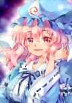  1girl hand_in_hair hat looking_at_viewer mob_cap open_mouth pink_eyes pink_hair saigyouji_yuyuko short_hair smile solo symbol-shaped_pupils tachiuo_(arines) touhou triangular_headpiece upper_body wavy_hair 