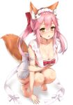  1girl animal_ears apron arm_support bare_legs barefoot blush bow breasts cleavage collarbone commentary_request cosplay fate/extra fate/grand_order fate_(series) fox_ears fox_tail full_body hair_between_eyes hair_bow highres large_breasts long_hair looking_at_viewer maid_headdress naked_apron open_mouth pink_hair red_bow reinama simple_background solo squatting tail tamamo_(fate)_(all) tamamo_cat_(fate) tamamo_cat_(fate)_(cosplay) white_background yellow_eyes 