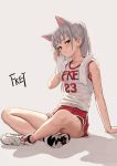  1girl animal_ears arm_support artist_name blush cat_ears clothes_writing fkey full_body grey_background grey_hair highres indian_style looking_at_viewer original pink_legwear red_eyes red_shorts shadow shirt shoes shorts simple_background sitting sleeveless sleeveless_shirt sneakers socks solo sweat towel towel_around_neck white_footwear white_shirt 