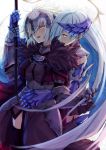  2girls blue_hair blush brynhildr_(fate) chains commentary_request fate/grand_order fate_(series) flag flagpole fur_trim gauntlets hair_over_one_eye headpiece holding holding_flag hug hug_from_behind jeanne_d&#039;arc_(alter)_(fate) jeanne_d&#039;arc_(fate)_(all) long_hair looking_at_another multiple_girls open_mouth thigh-highs very_long_hair white_hair yellow_eyes yude yuri 