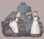  2girls apron blonde_hair blue_eyes brown_hair dress dress_lift ground_vehicle koitsu_tera_auau long_dress looking_at_viewer maid maid_apron maid_headdress military military_vehicle motor_vehicle multiple_girls original ponytail renault_ft short_hair simple_background tank 