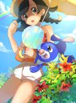  1girl bangs bare_arms bare_shoulders black_eyes black_hair blue_sky braid clouds day flower gen_7_pokemon hair_flaps hand_up hat hibiscus_print highres holding holding_umbrella mizuki_(pokemon) orange_shirt pikachu pokemon pokemon_(creature) pokemon_(game) pokemon_usum popplio puffy_shorts rainbow red_flower ririmon shirt shorts sky swept_bangs tank_top teeth twin_braids twitter_username umbrella white_shorts yellow_umbrella 