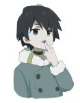  1boy bangs black_hair blue_eyes coat collar darling_in_the_franxx findoworld finger_to_face fur_trim grey_coat hiro_(darling_in_the_franxx) looking_at_viewer male_focus short_hair signature solo sweatdrop winter_clothes winter_coat younger 