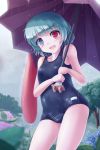  1girl bangs blue_eyes blue_swimsuit cowboy_shot flower green_hair heterochromia highres karakasa_obake looking_at_viewer lzh open_mouth rain red_eyes school_swimsuit short_hair smile solo swimsuit tatara_kogasa tongue tongue_out touhou umbrella 