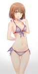  1girl absurdres bikini breasts brown_eyes brown_hair front-tie_top gluteal_fold hat highres katou_megumi medium_breasts saenai_heroine_no_sodatekata short_hair side-tie_bikini simple_background solo standing striped striped_bikini sunhyun swimsuit thigh_gap white_background white_hat 