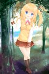  1girl :d bangs black_legwear blonde_hair blue_eyes blurry blurry_background blush breasts brown_footwear brown_ribbon brown_skirt collared_shirt comic_girls commentary_request day depth_of_field dress_shirt eyebrows_visible_through_hair forest hair_between_eyes hair_ribbon highres kneehighs koizuka_koyume leaning_to_the_side loafers long_hair long_sleeves looking_at_viewer medium_breasts nature one_side_up open_mouth outdoors pleated_skirt ribbon shiraki_shiori shirt shoes skirt sleeves_past_wrists smile solo standing sweater_vest tree upper_teeth white_shirt 