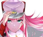  1girl aqua_eyes csc00014 darling_in_the_franxx hand_on_headwear hat highres long_hair looking_at_viewer peaked_cap pink_hair simple_background solo uniform white_background zero_two_(darling_in_the_franxx) 