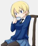  1girl bangs between_legs black_legwear black_neckwear blonde_hair blue_eyes blue_skirt blue_sweater blush braid chair check_commentary commentary_request cup darjeeling dress_shirt drinking eyebrows_visible_through_hair girls_und_panzer grey_background hand_between_legs holding holding_cup kakizaki_(chou_neji) long_sleeves looking_to_the_side miniskirt necktie pantyhose pleated_skirt school_uniform shirt short_hair simple_background sitting skirt solo st._gloriana&#039;s_school_uniform sweatdrop sweater teacup tied_hair twin_braids v-neck white_shirt wing_collar 