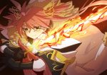  1girl ahoge black_gloves fire flaming_sword flower_knight_girl fur_trim gloves hoshikujaku_(flower_knight_girl) long_hair mizunashi_(second_run) redhead sword twintails weapon yellow_eyes 