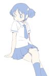 1girl arm_support blue blue_eyes blue_hair blue_neckwear blue_skirt collared_shirt hair_ornament kneehighs legs_crossed limited_palette looking_to_the_side naganohara_mio necktie nichijou no_nose nse open_mouth pleated_skirt raised_eyebrow shirt short_hair short_sleeves short_twintails simple_background sitting skirt socks solo tareme tokisadame_school_uniform twintails white_background 