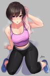  1girl blue_footwear breasts brown_eyes cleavage highres kagematsuri navel original pants shoes short_hair solo sports_bra sweat sweatpants towel violet_eyes 