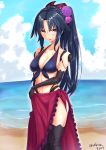  1girl bangs bare_shoulders beach black_hair blue_bikini_top blue_sky blush breasts cleavage collarbone fate/grand_order fate_(series) flower front-tie_top hair_flower hair_ornament highres katou_danzou_(fate/grand_order) long_hair looking_at_viewer mecha_musume medium_breasts ocean open_mouth parted_bangs ponytail purple_sarong robot_joints sarong sebire sidelocks sky solo yellow_eyes 