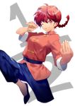  1girl blue_footwear blue_pants braid chinese_clothes commentary_request fighting_stance fingernails hands_up jacket knee_up looking_at_viewer one_eye_closed pants ranma-chan ranma_1/2 red_eyes red_jacket redhead shoes single_braid smile solo white_background yamakawa 