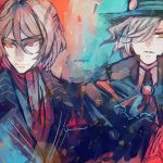  2boys antonio_salieri_(fate/grand_order) artist_request ascot edmond_dantes_(fate/grand_order) fate/grand_order fate_(series) fedora formal gloves hair_over_one_eye hat multiple_boys pinstripe_suit red_eyes silver_hair striped suit wavy_hair white_hair yellow_eyes 