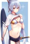  1girl absurdres bikini bow breasts cleavage collarbone commentary_request denim denim_shorts fate/grand_order fate_(series) hair_between_eyes highres holding_surfboard legs lifted_by_self long_hair looking_at_viewer medium_breasts nanakaku navel ponytail red_bow red_eyes see-through sheath sheathed shirt shirt_lift short_shorts shorts silver_hair simple_background smile solo standing stomach surfboard swimsuit sword tomoe_gozen_(fate/grand_order) under_boob very_long_hair weapon white_bikini white_shirt 